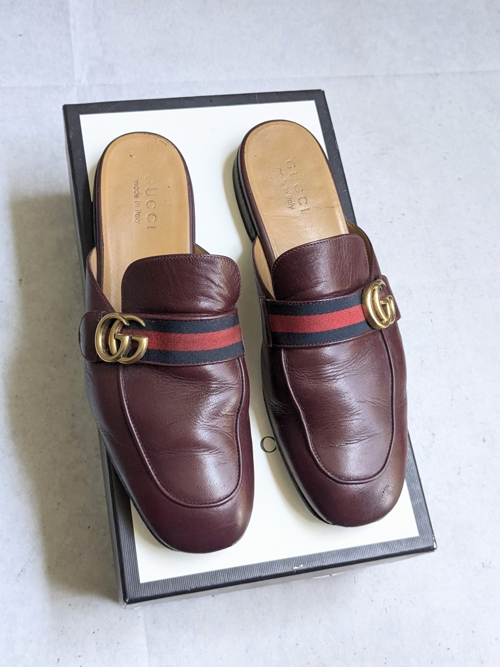Gucci Men’s Burgundy Leather Princetown GG Web Leather Loafers Men 10.5